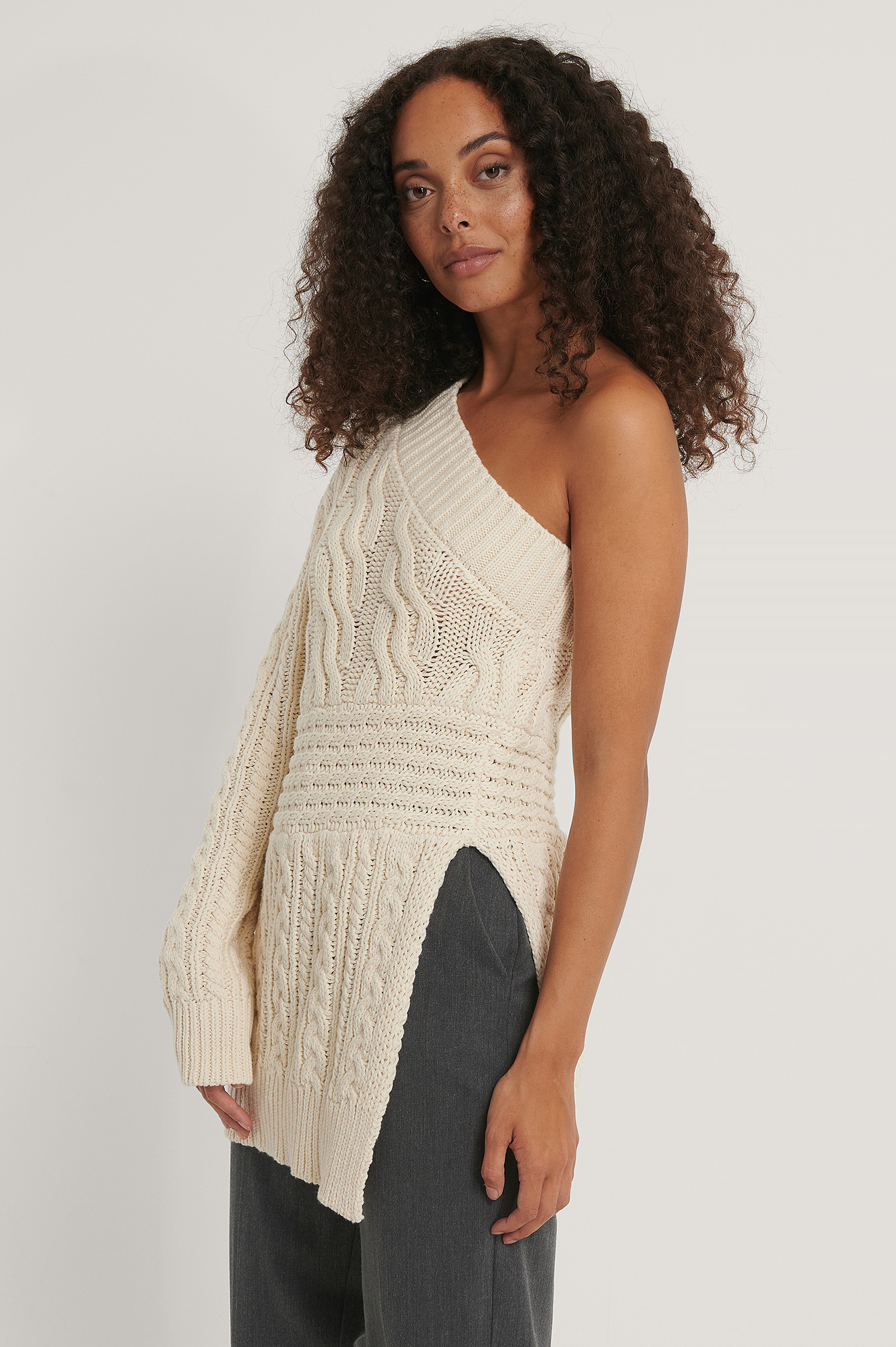 one shoulder cable knit sweater