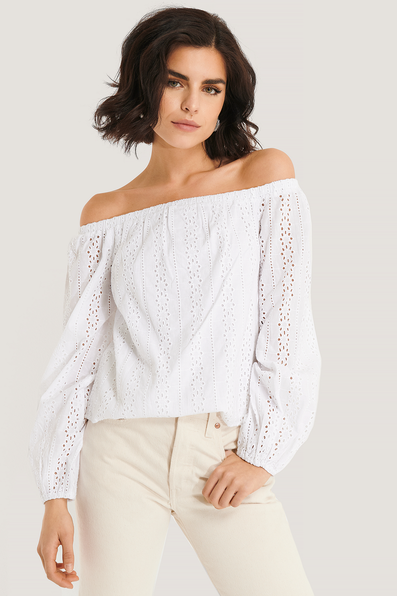 white crochet off the shoulder top