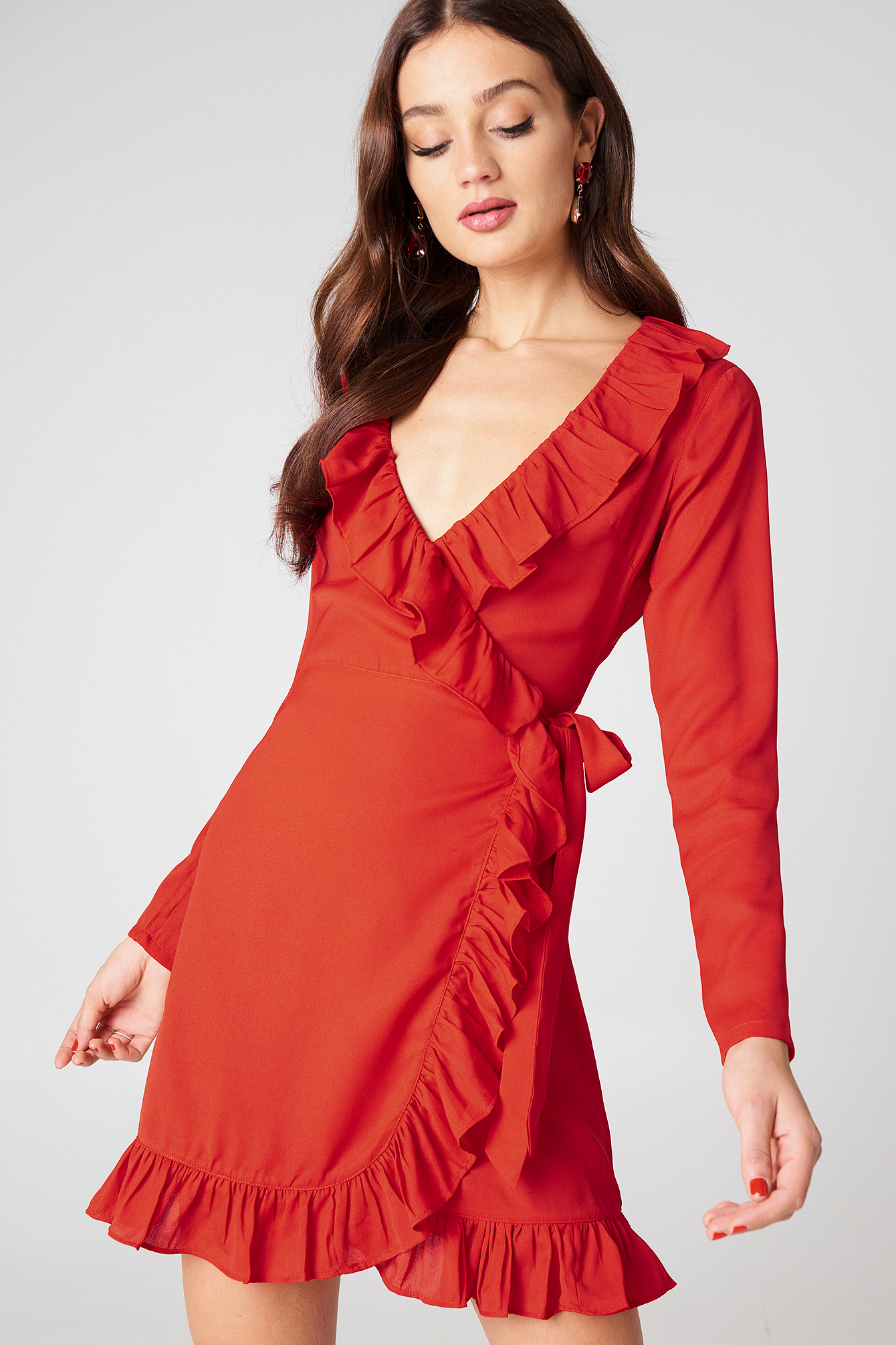 red frill wrap dress
