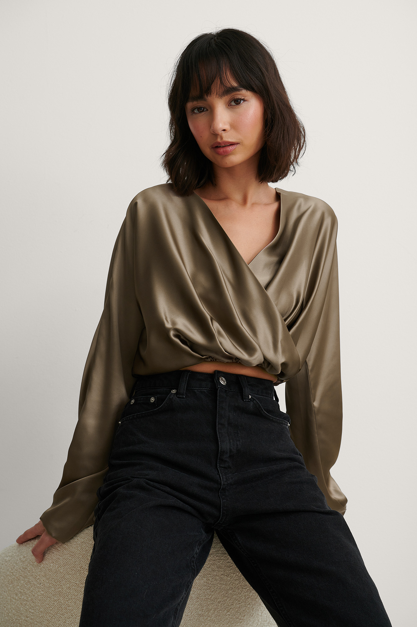 taupe satin blouse